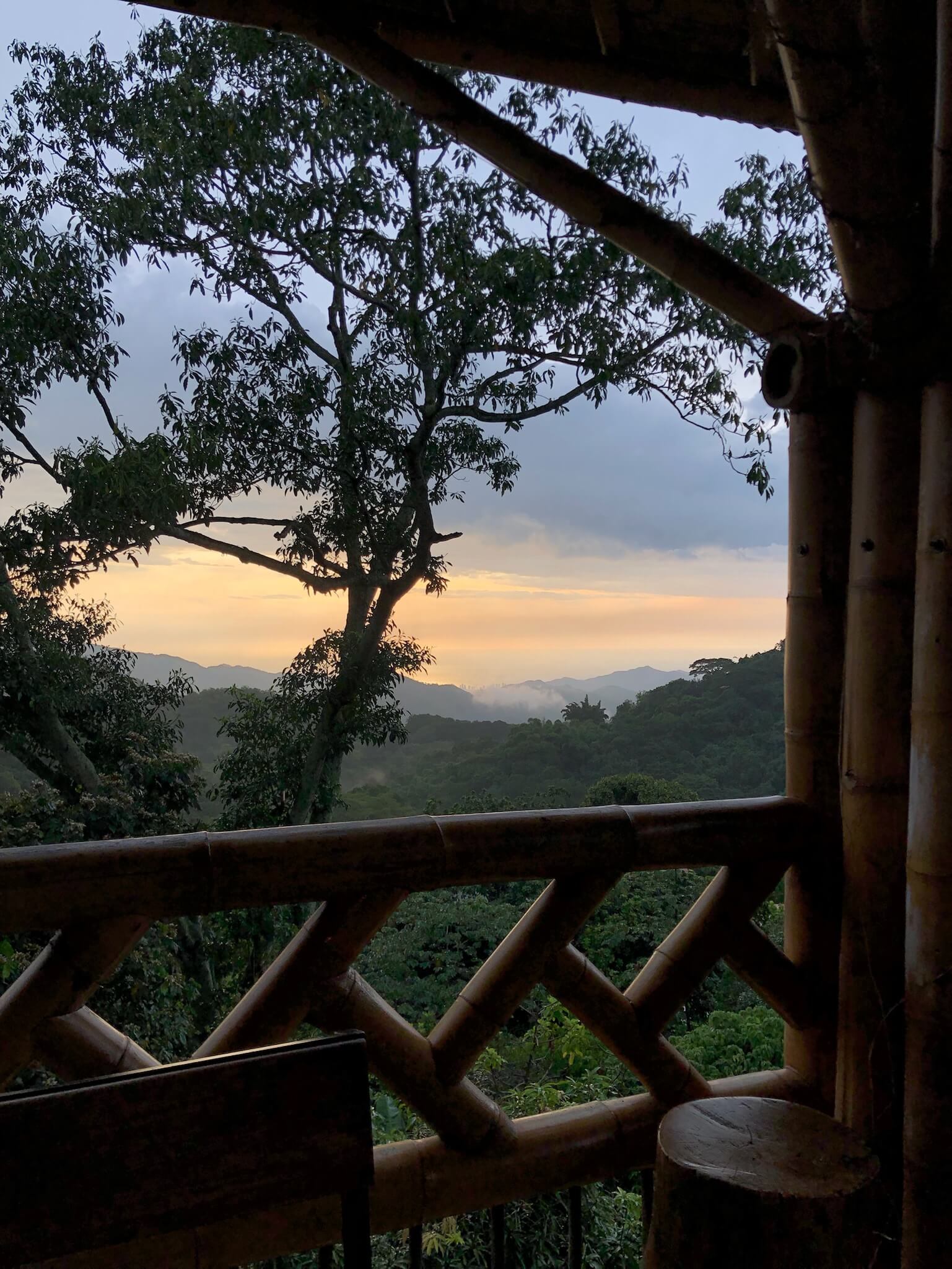Uitzicht vanaf het balkon op de bergen, het groen en de zonsondergang