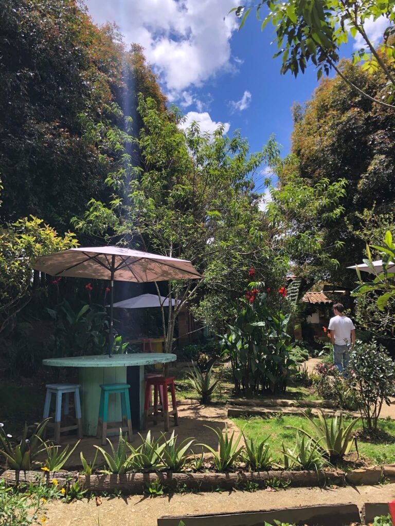 Het lunchplekje: je ziet hier een grote groene tuin met aan de linkerkant een hoge ronde tafel met daaromheen een paar barkrukken.
