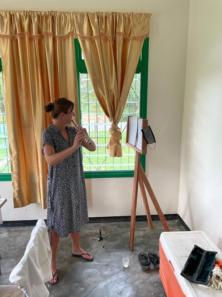 Ik speel dwarsfluit. Je ziet me staan voor de muziekstandaard