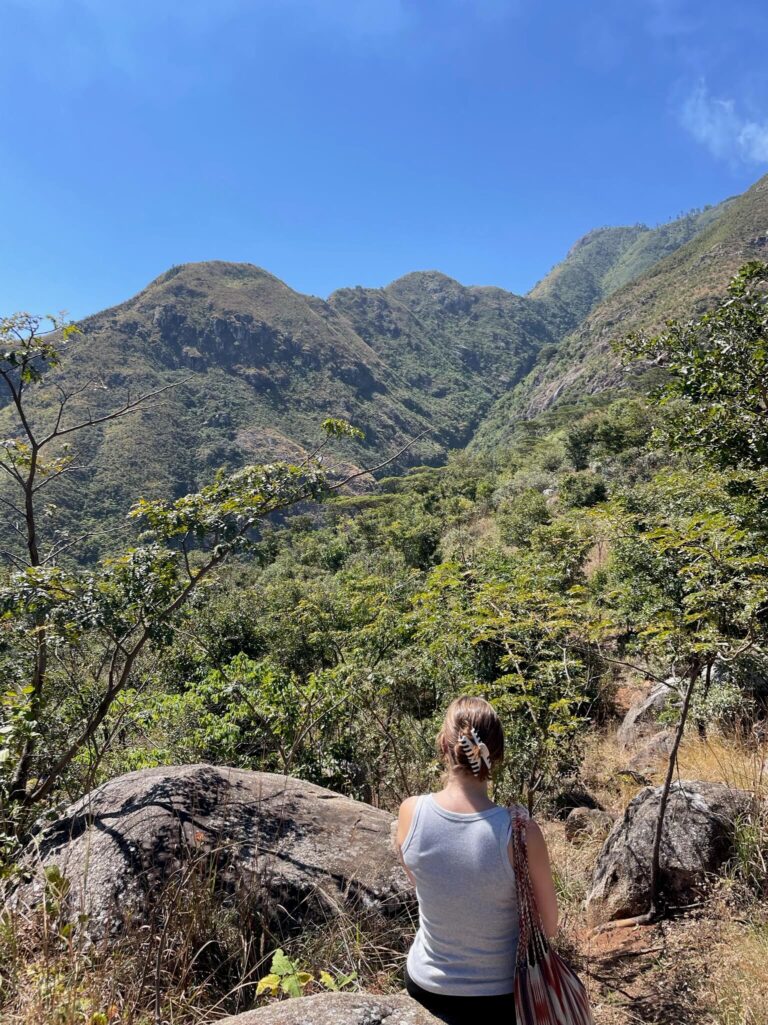 Je ziet mij vanaf de achterkant op een rots zitten. Ik kijk naar een paar geweldig mooie groene bergen met bomen