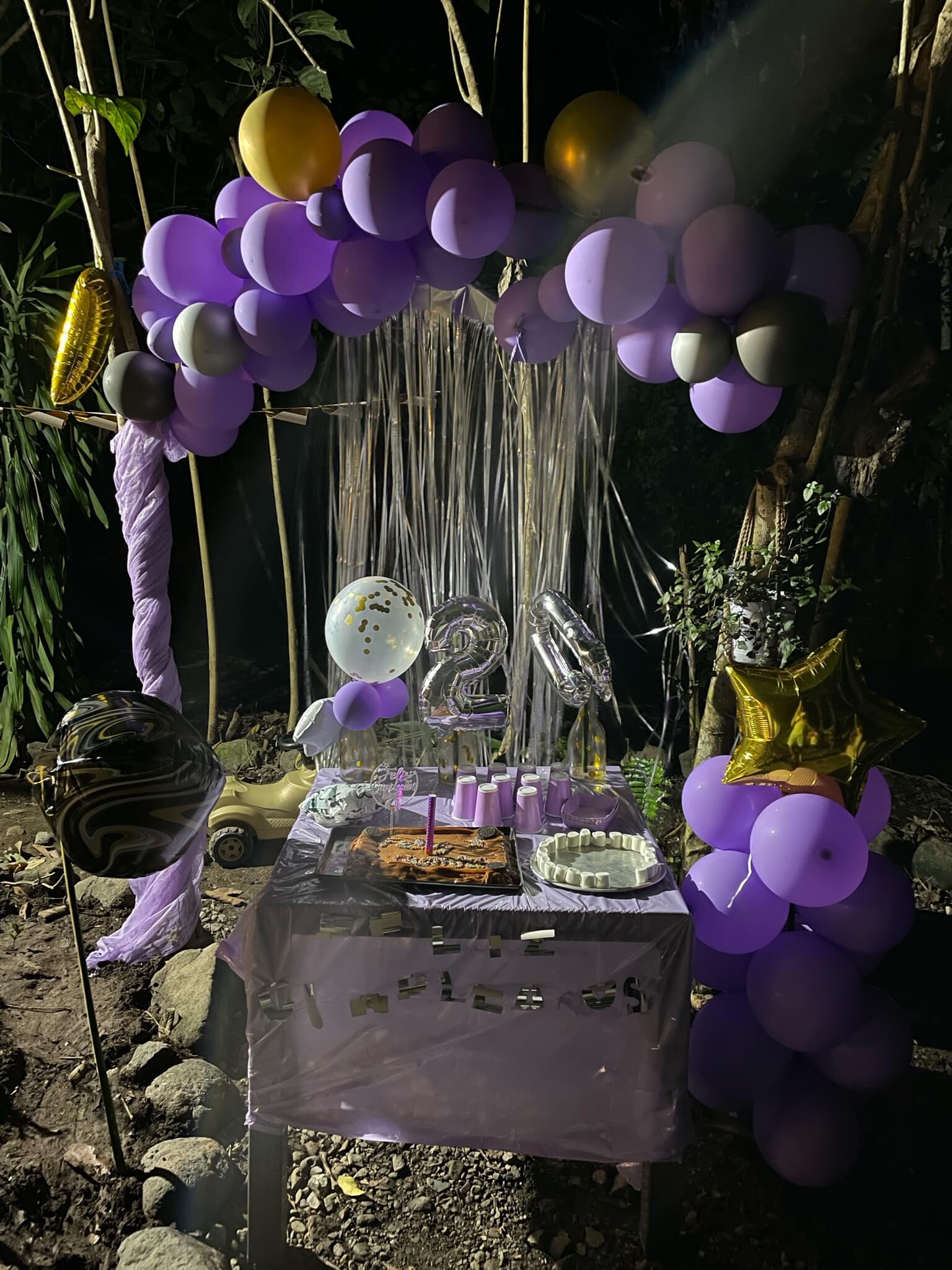 Ana is jarig en haar moeder heeft voor feestelijke decoraties gezorgd! Ze heeft een tafel buiten neergezet met een wit laken, daarboven allemaal paarse ballonnen. Ook ballonnen die het getal 20 vormen. Op tafel staan kleine cakejes en paarse bekertjes die je kunt gebruiken om van te drinken