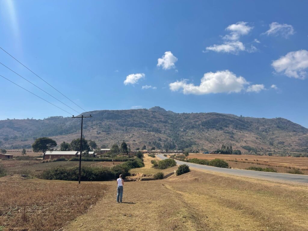 Een foto van het landschap: rechts zie je een weg lopen, in de verte zie je een grote berg, en links zie je heel droog gras waar ik in de verte overheen loop