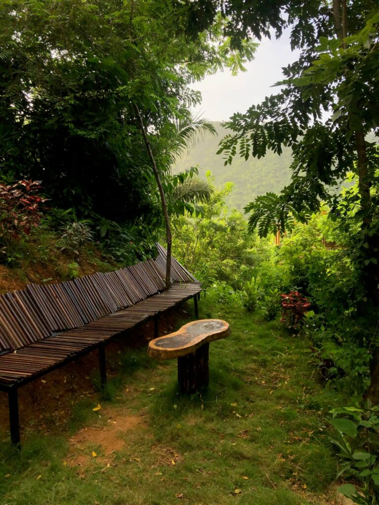 Houten bank in de groene tuin met in de achtergrond een berg