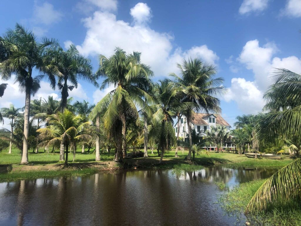 Aankomst bij de plantage. Je ziet een klein meertje met daarachter palmbomen en een groot koloniaal huis