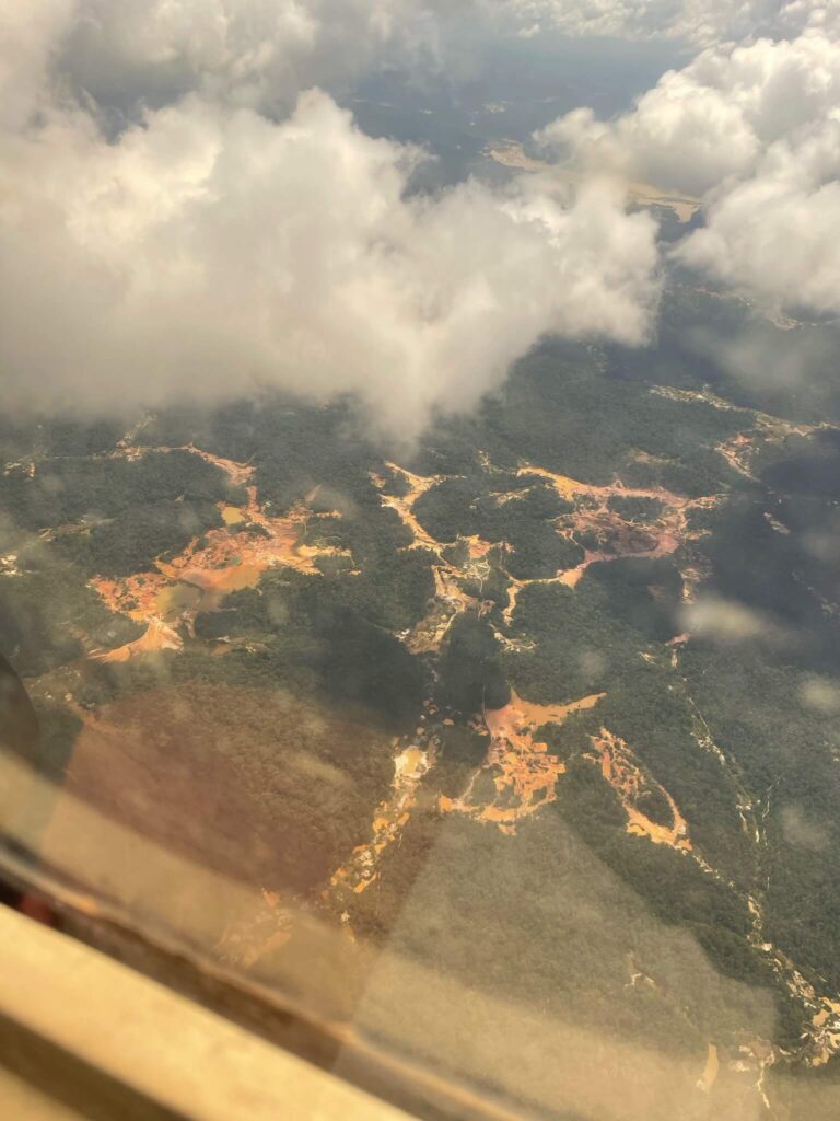 Uitzicht vanuit het kleine vliegtuigje op de bossen met allerlei rivieren die er nu bruin uitzien van de kwik