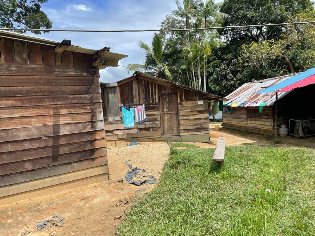 We bezochten een mini dorpje op een van de kleine eilanden en troffen daar allerlei primitieve houten hutten aan. Die zie je hier op de foto
