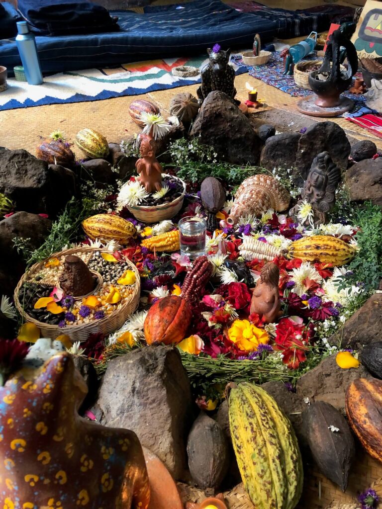 De set-up voor de cacao ceremonie: je ziet in een rondje van stenen allemaal gekleurde bloemen liggen en een paar boeddhistische beelden