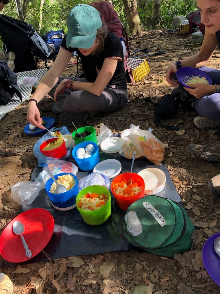 De lunch! Er staan allemaal plastic bakjes en bordjes op een kleedje op een zeil op de grond. Er zijn gekookte eieren, salades, guacamole...