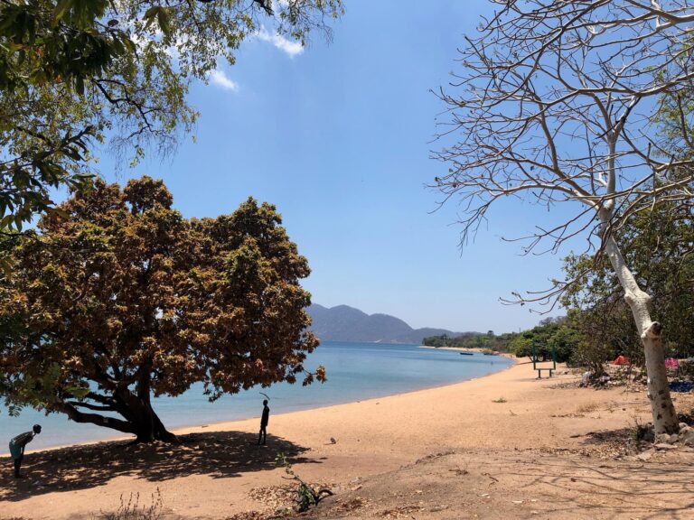 Een breed wit strand dat uitloopt op het meer