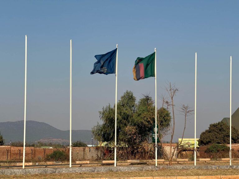 Grensovergang van Malawi naar Zambia. Je ziet een paar landvlaggen op hoge witte stokken.