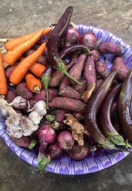 Een mand vol met groenten: wortels, aubergines, knoflook, zoete aardappels